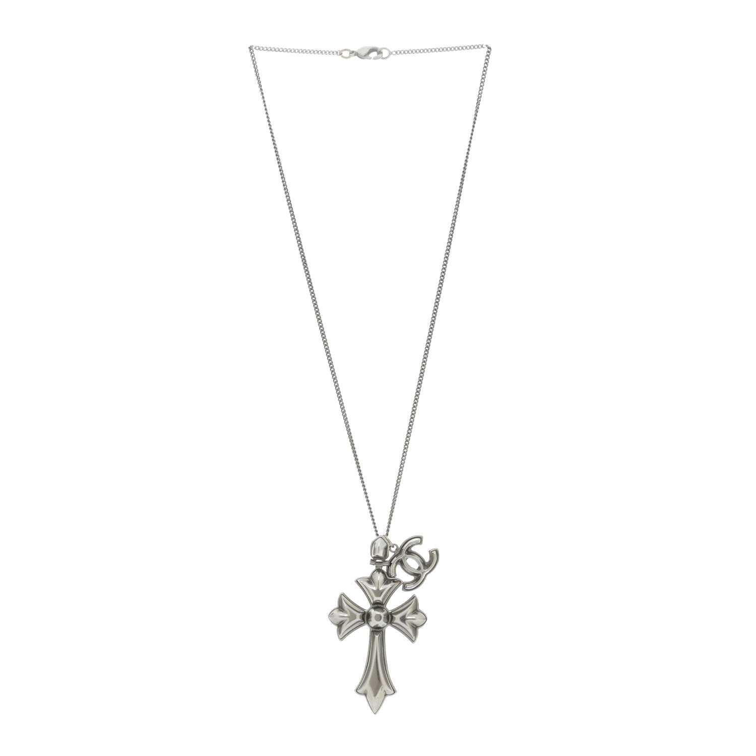 Chanel CC Cross Pendant Necklace Silver 3 of 6