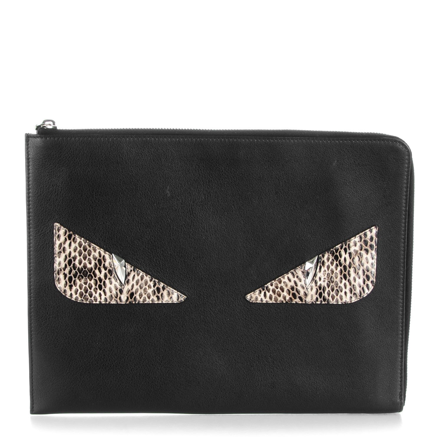 Fendi Vitello Dolce Ayers Monster Eyes Zip Around Pouch Black Naturale 1 of 8