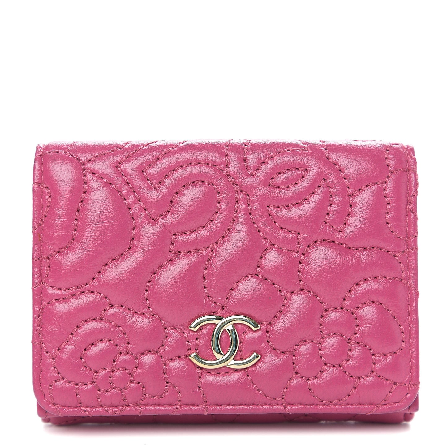 Lambskin Camellia Embossed Compact Wallet Fuchsia
