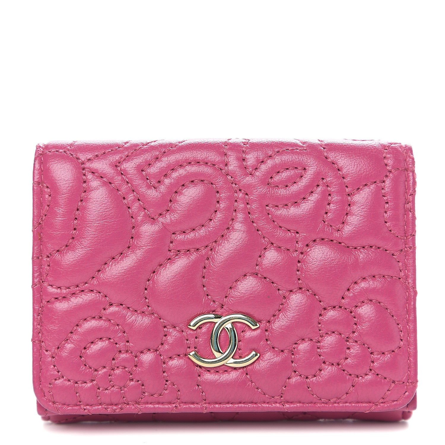 Chanel Lambskin Camellia Embossed Compact Wallet Fuchsia 1 of 8
