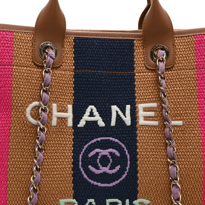 Chanel Straw Raffia Calfskin Striped Medium Deauville Tote Dark Beige Fuchsia Navy Blue 8 of 10