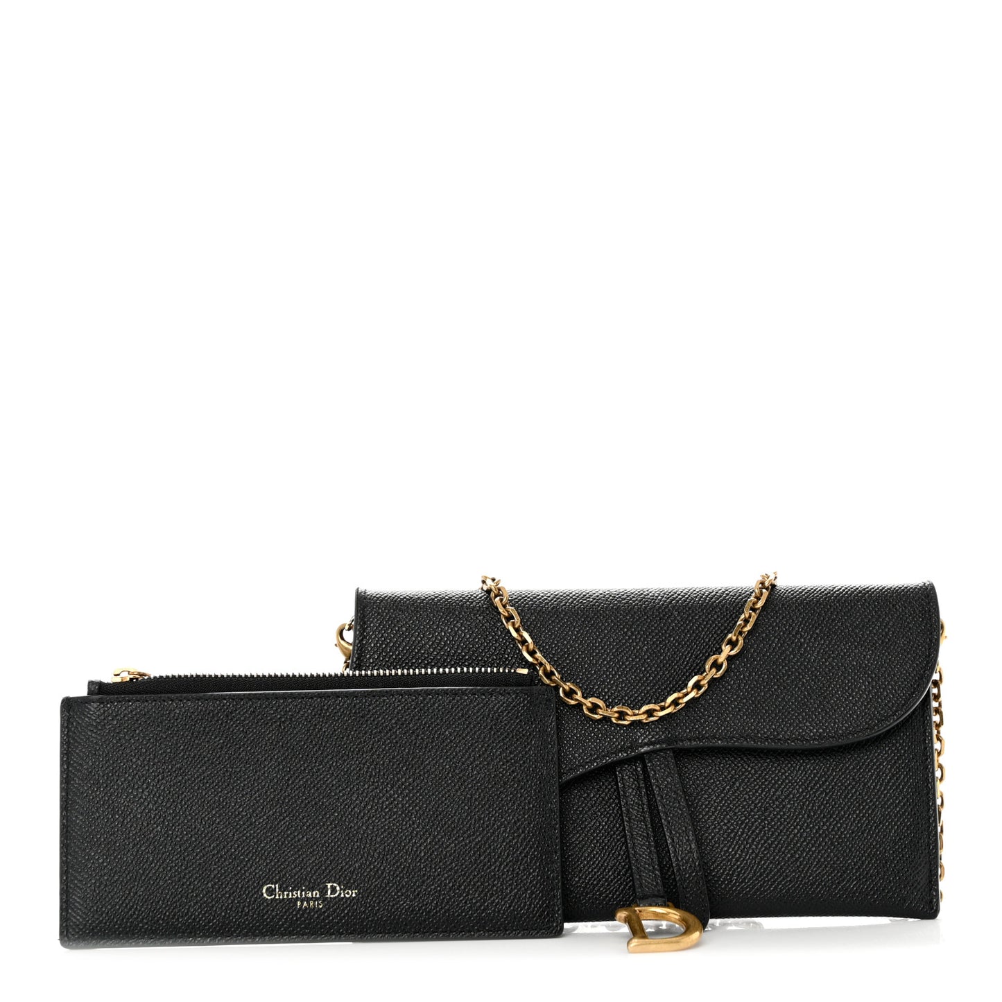 Grained Calfskin Saddle Chain Wallet Pouch Black