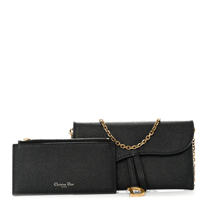 Christian Dior Grained Calfskin Saddle Chain Wallet Pouch Black 1 of 12