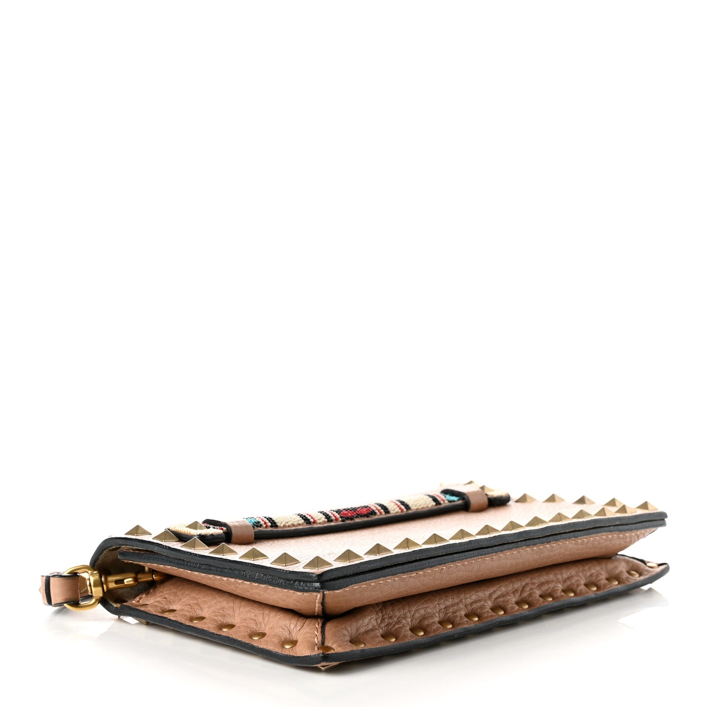 Pebbled Calfskin Beaded Rockstud Wristlet Clutch Soft Noisette