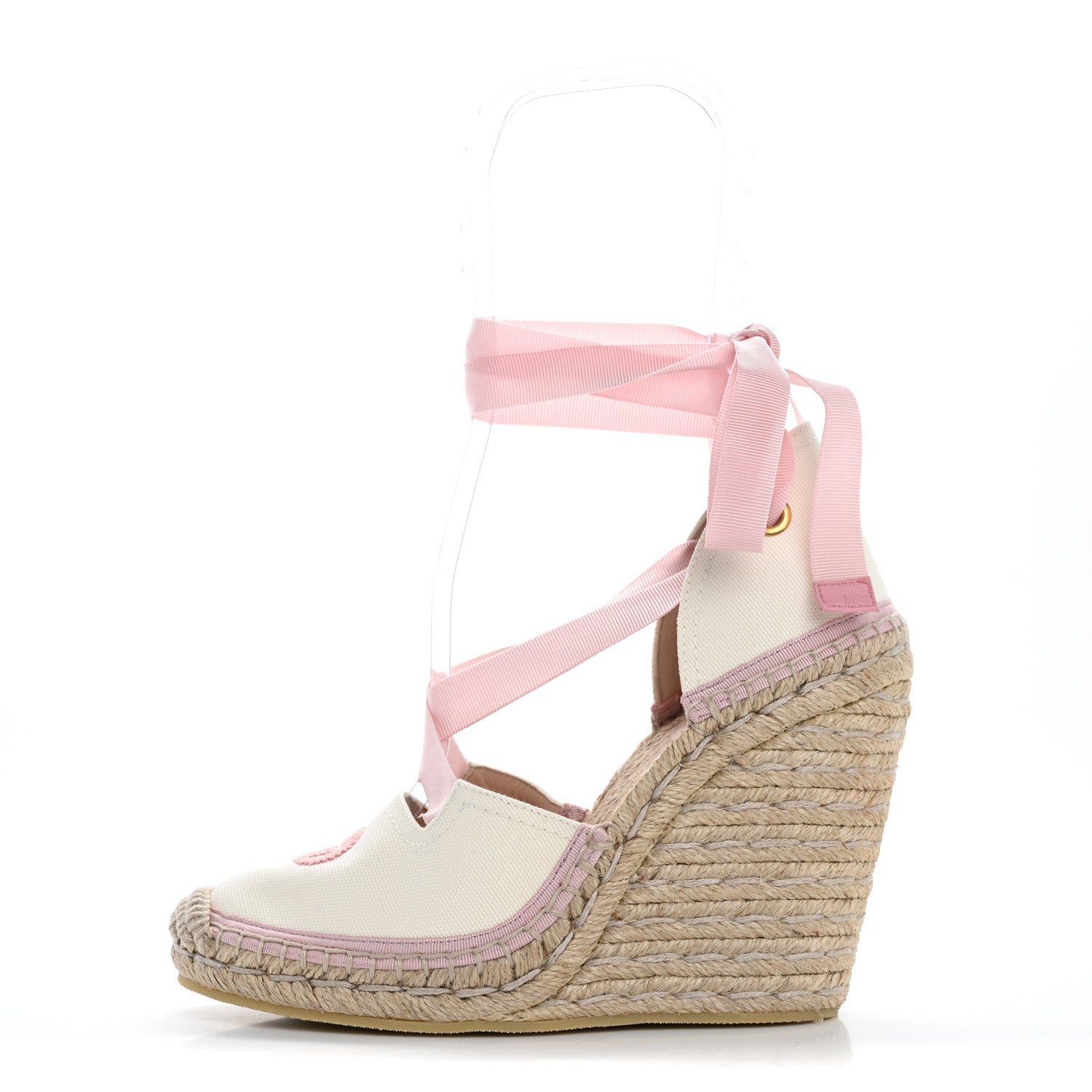 Gucci Canvas Grossgrain Embroidered Judit Ankle Wrap Platform 35/120mm Espadrille Wedges 37 White Shell 1 of 10