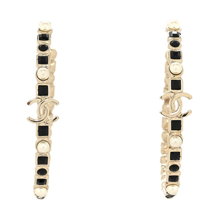 Chanel Crystal Pearl CC Hoop Earrings Gold Black 1 of 4
