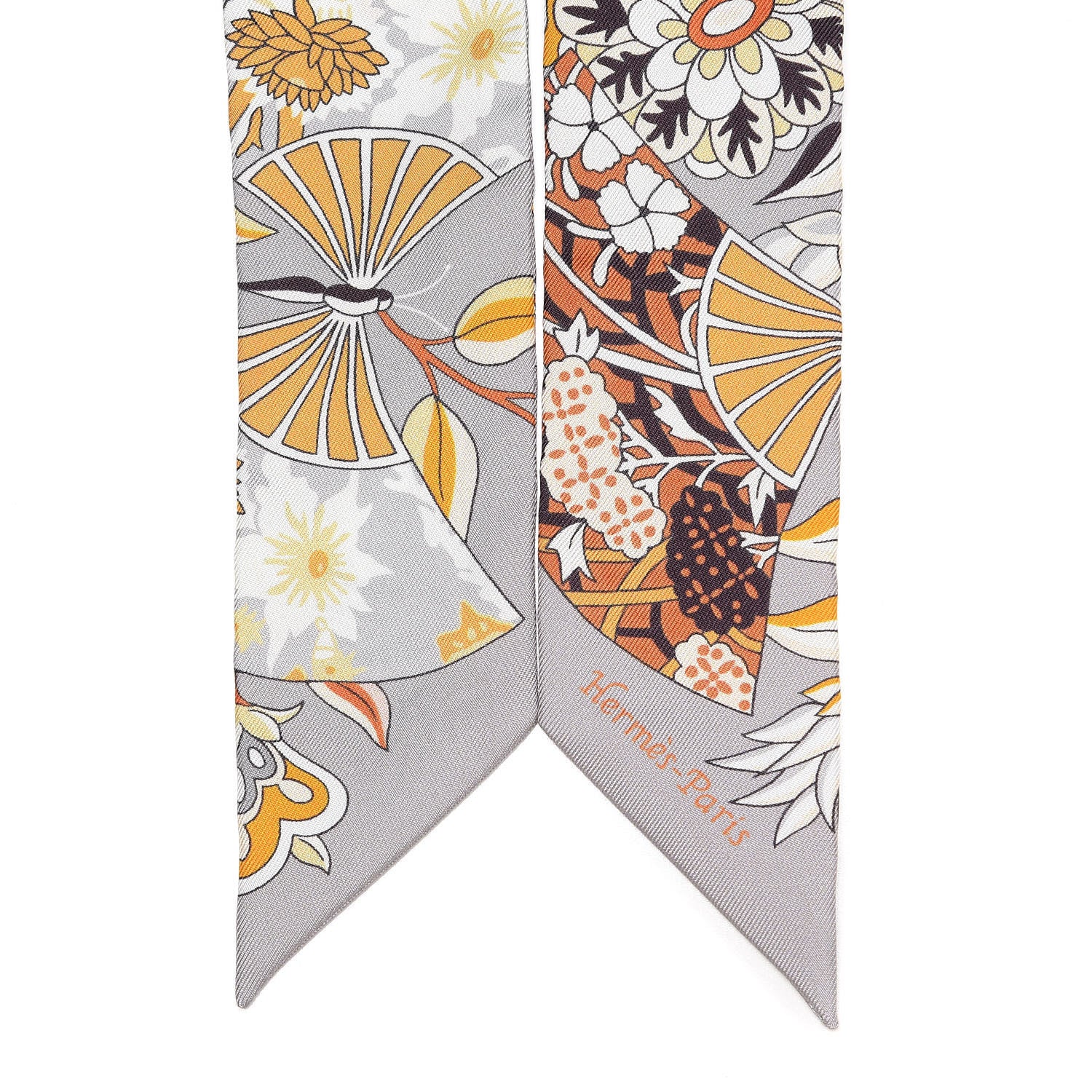 Hermes Silk Fleurs et Papillons de Tissus Twilly Gris Perle Brun Or 3 of 4