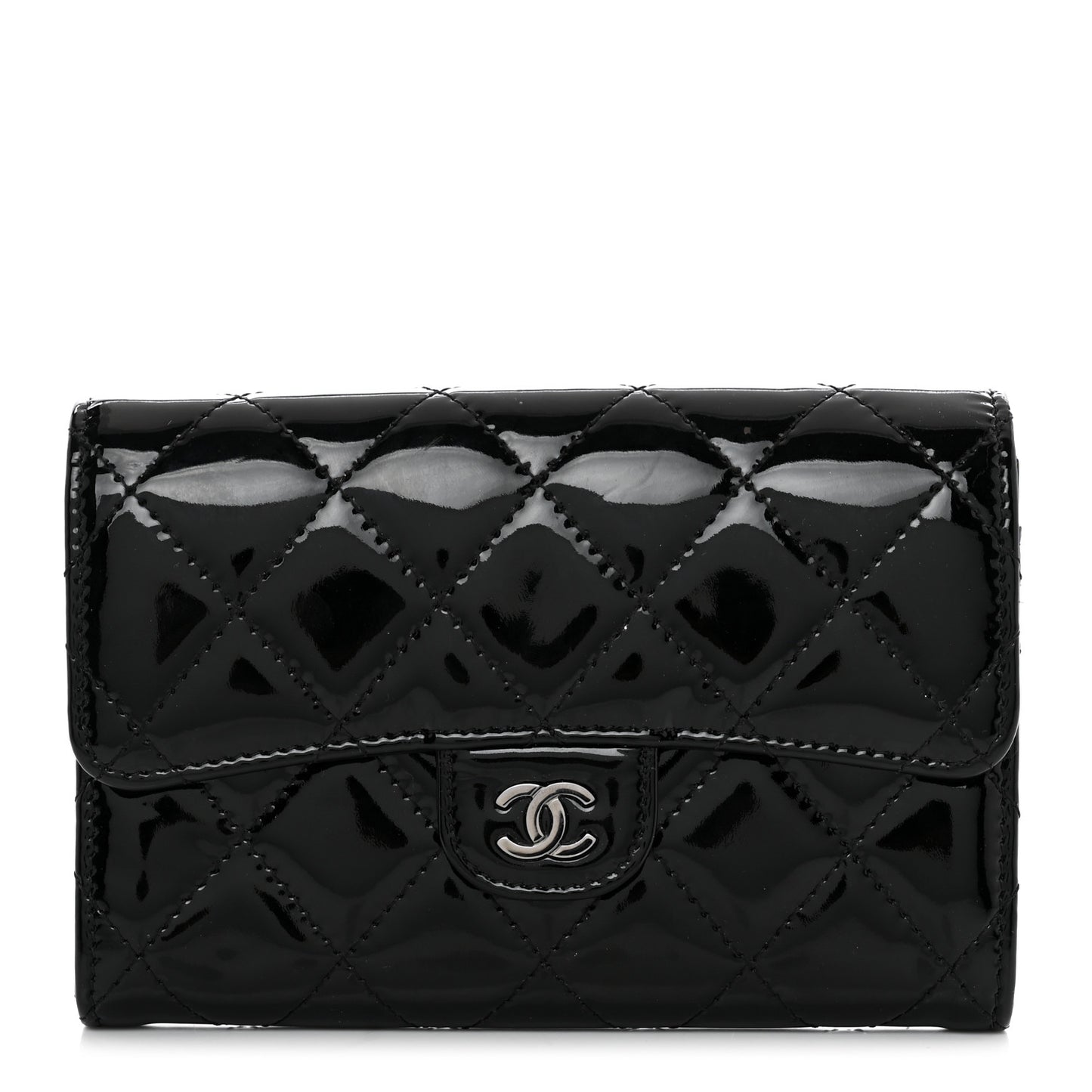 Patent Calfskin Quilted Small Flap Wallet Black