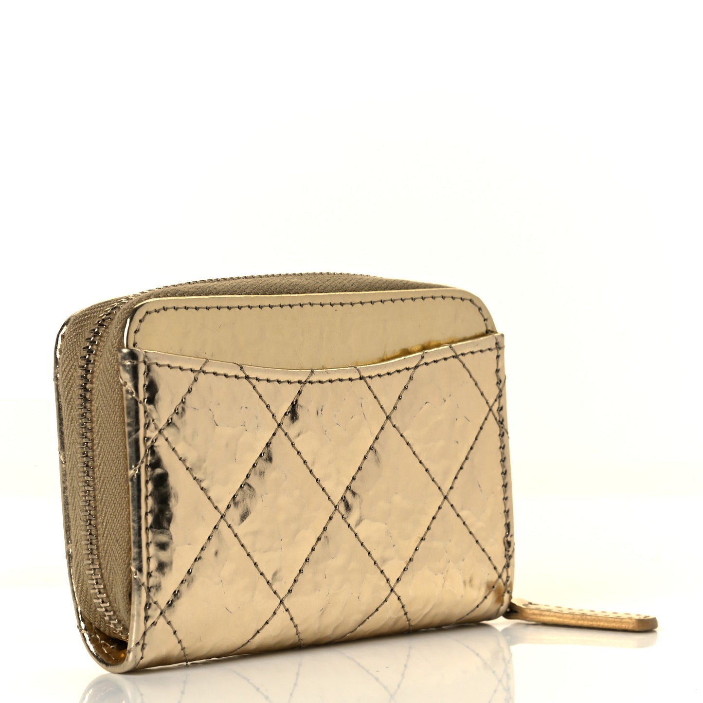 Hammered Metallic Calfskin Quilted Zip Coin Purse Gold