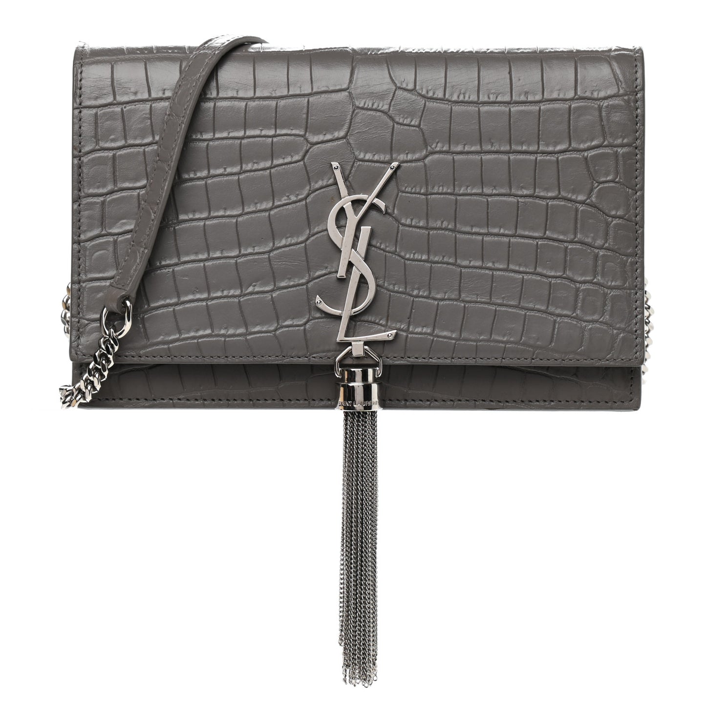 Calfskin Crocodile Embossed Kate Monogram Tassel Chain Wallet Fog