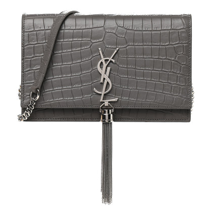 Saint Laurent Calfskin Crocodile Embossed Kate Monogram Tassel Chain Wallet Fog 1 of 8