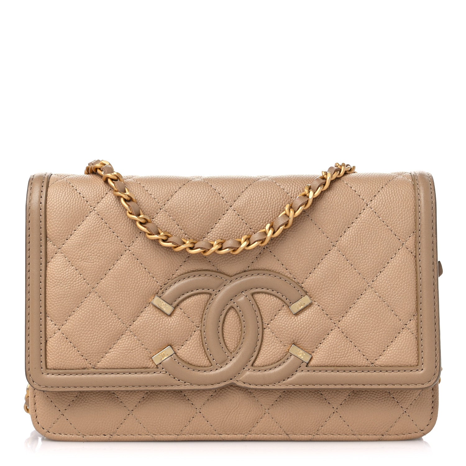 image of CHANEL Caviar Quilted CC Filigree Wallet On Chain WOC in the color Beige by FASHIONPHILE