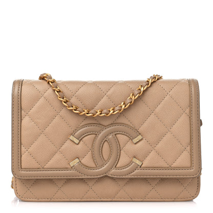 Chanel Caviar Quilted CC Filigree Wallet On Chain WOC Beige 1 of 13