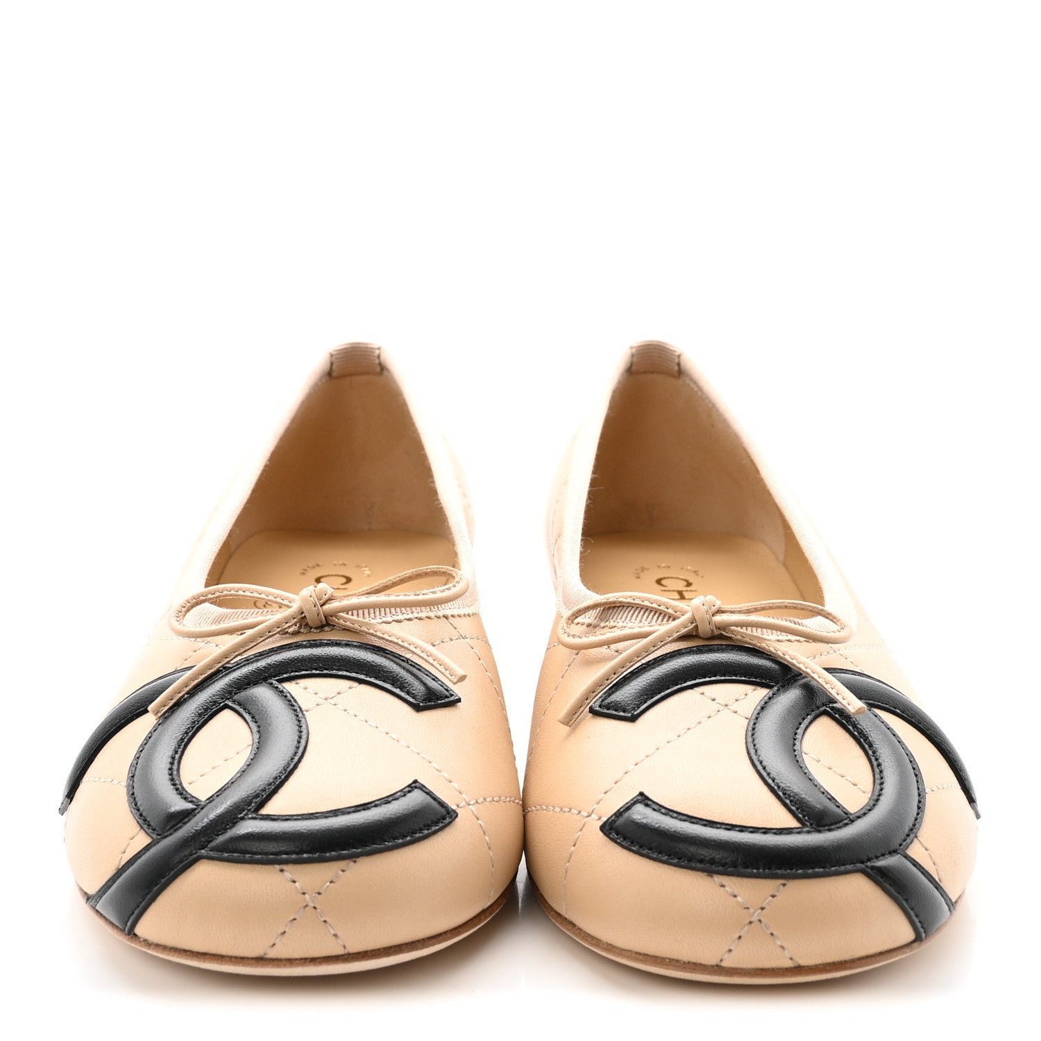 Chanel Lambskin Quilted CC Cambon Ballet Flats 37 Beige Black 3 of 10