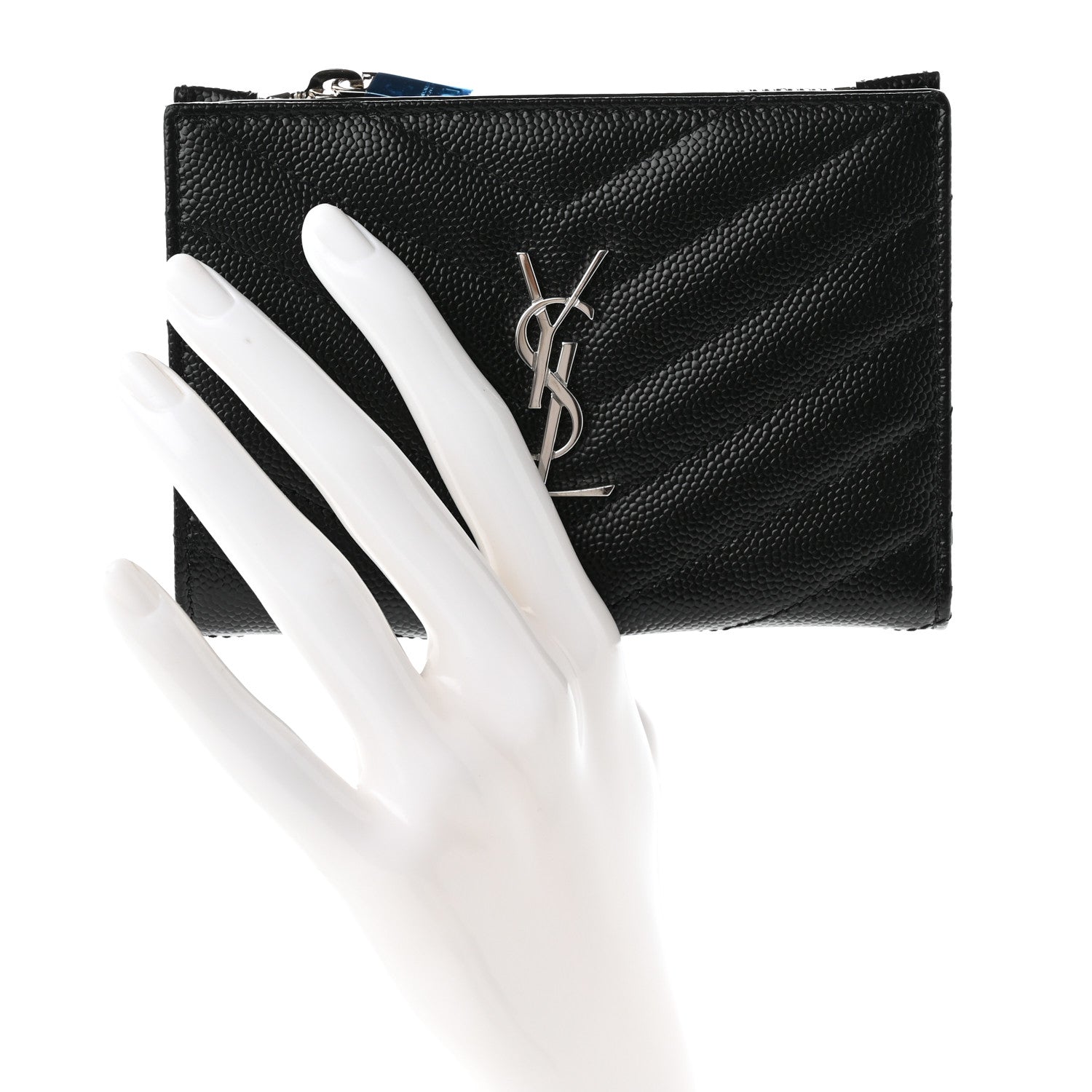 Saint Laurent Grain De Poudre Matelasse Chevron Monogram Zipped Two-Part Wallet Black 2 of 6
