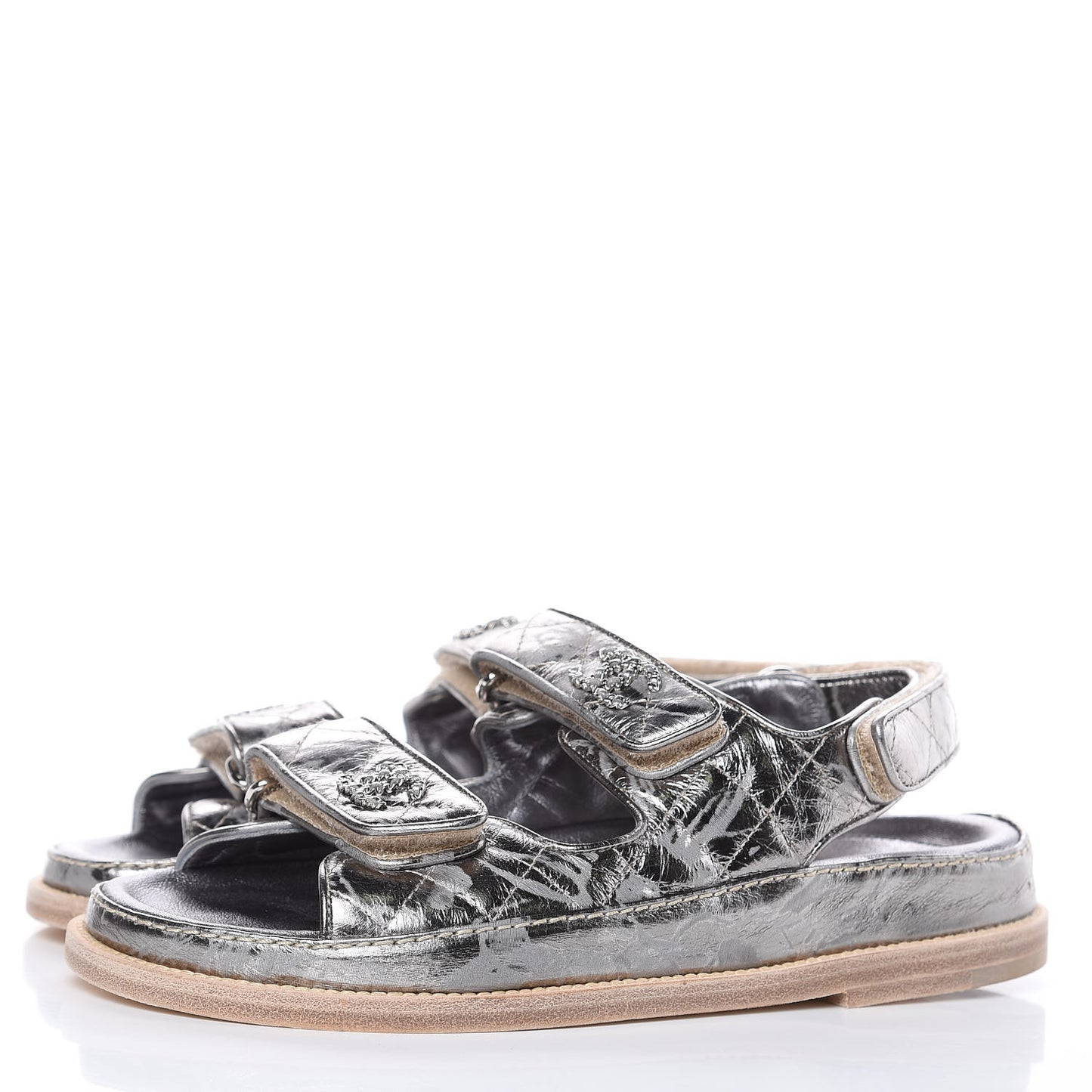 Metallic Crumpled Calfskin Chain CC Flat Sandals 36 Silver