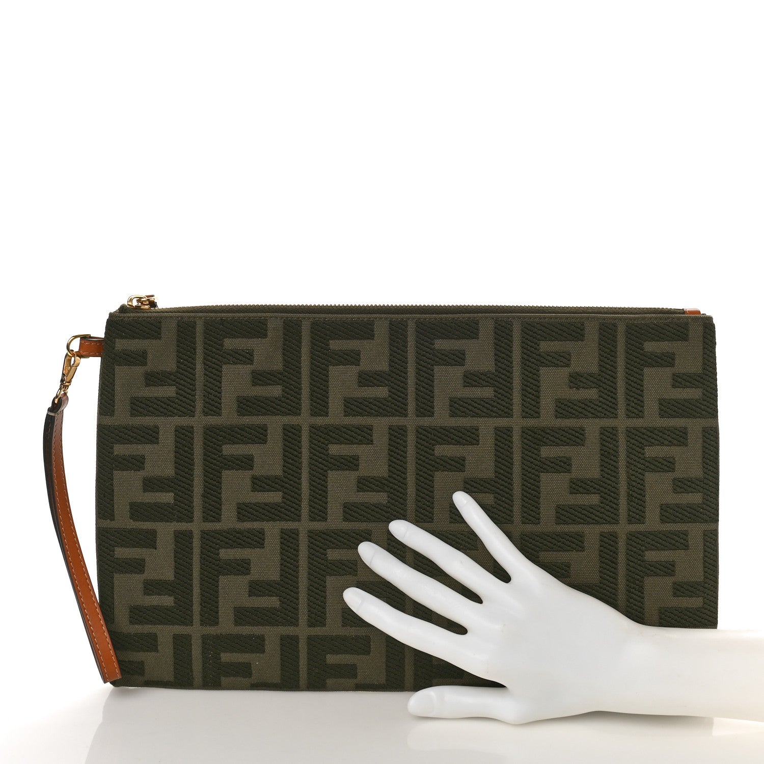 Fendi Canvas Vitello King FF Embroidered Large Flat Pouch Amazzonia Cuoio 2 of 8