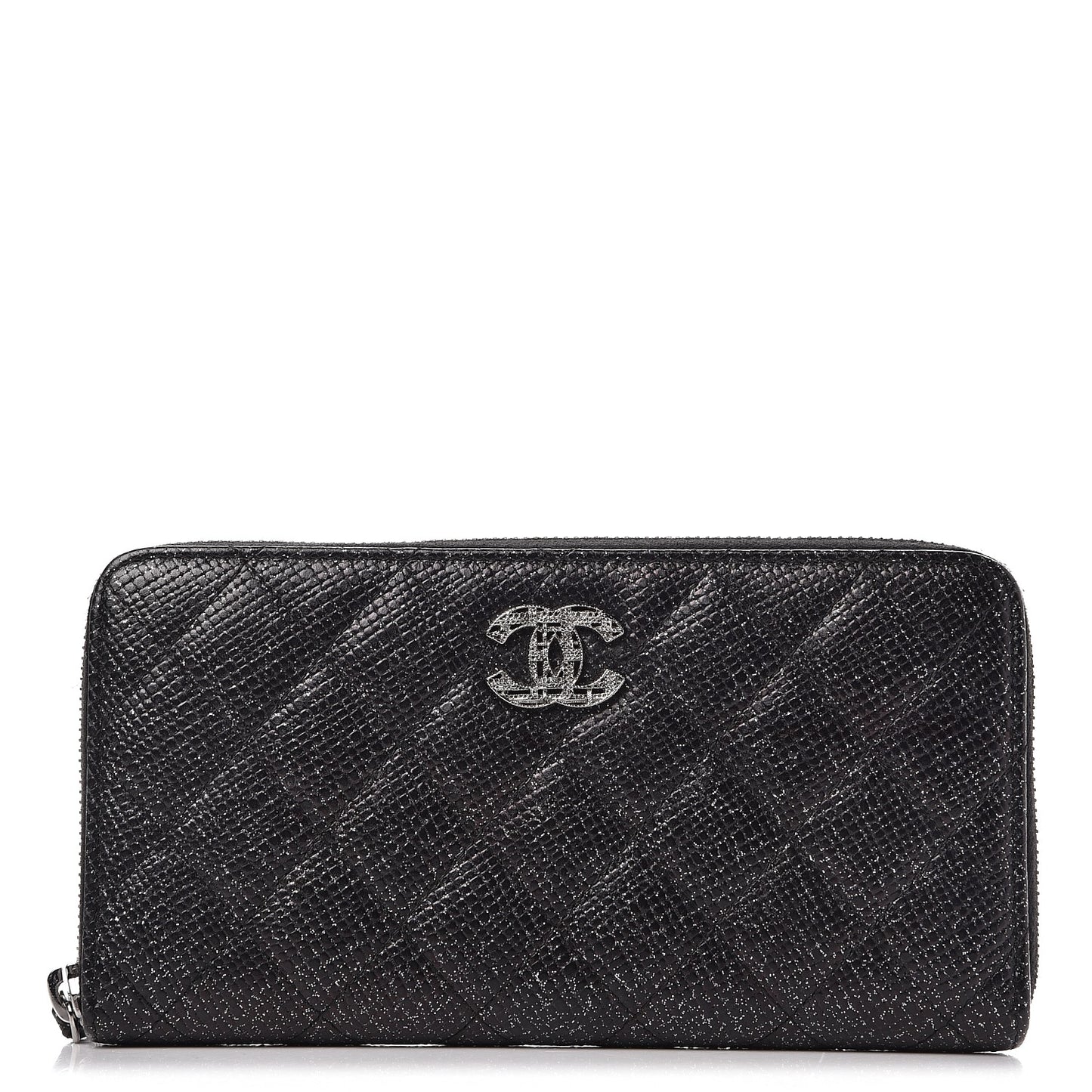 Glittered Calfskin Quilted Large Gusset Zip Wallet Black