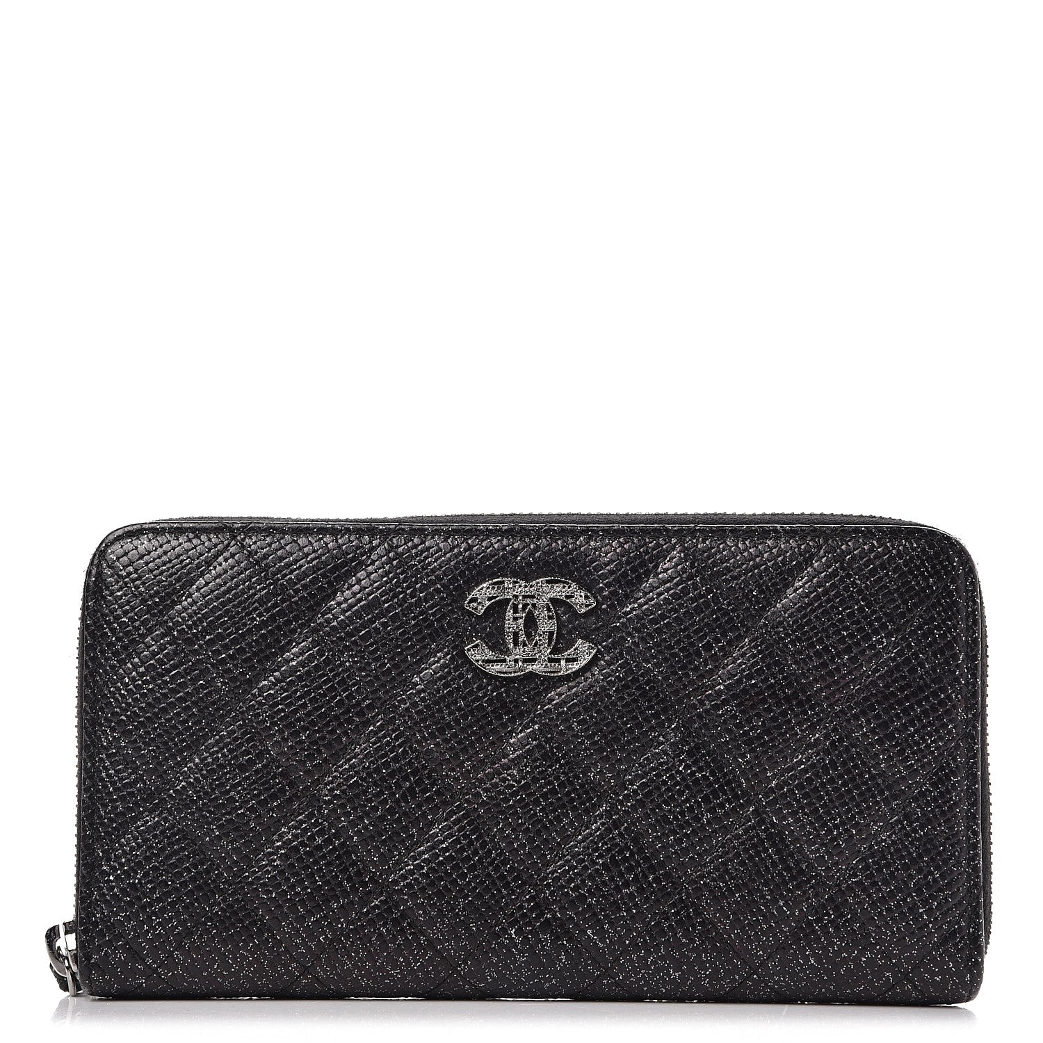 Chanel Glittered Calfskin Quilted Large Gusset Zip Wallet Black 1 of 9