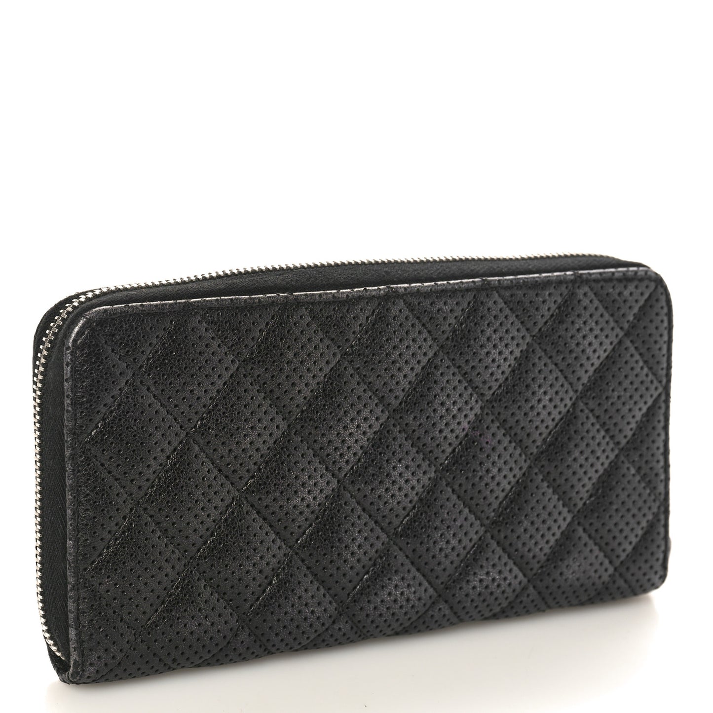 Perforated Lambskin Quilted Zip Around Wallet Black