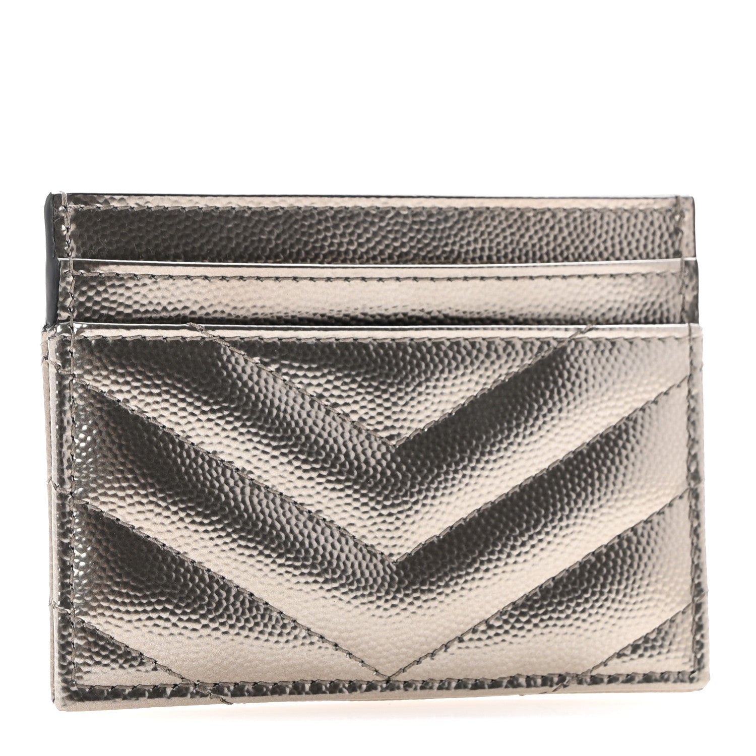 Saint Laurent Metallic Grain De Poudre Matelasse Chevron Monogram Credit Card Case Piombo 3 of 9