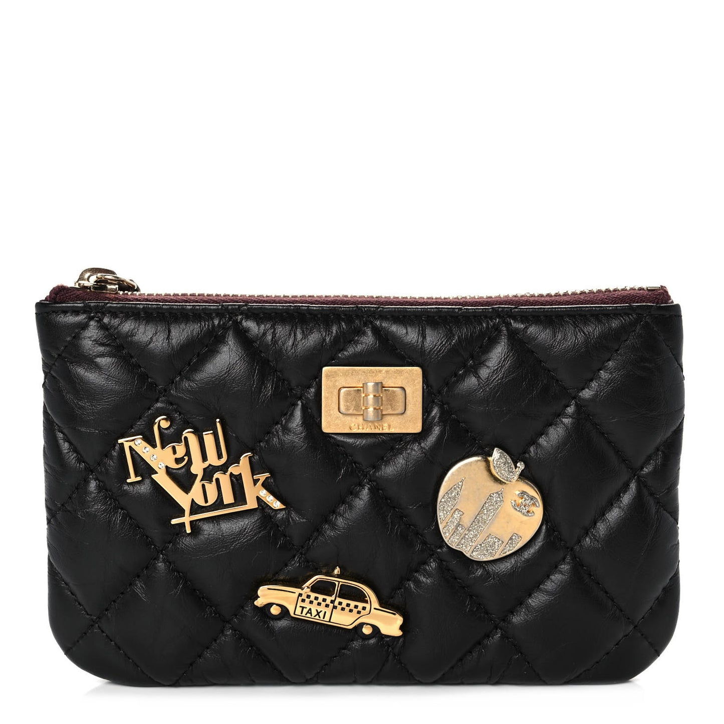 Aged Calfskin Quilted Small Lucky Charms Cosmetic Case Black