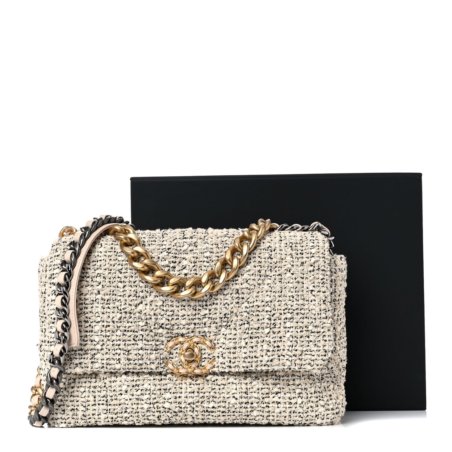 Chanel Tweed Quilted Large Chanel 19 Flap Ecru Black 10 of 10