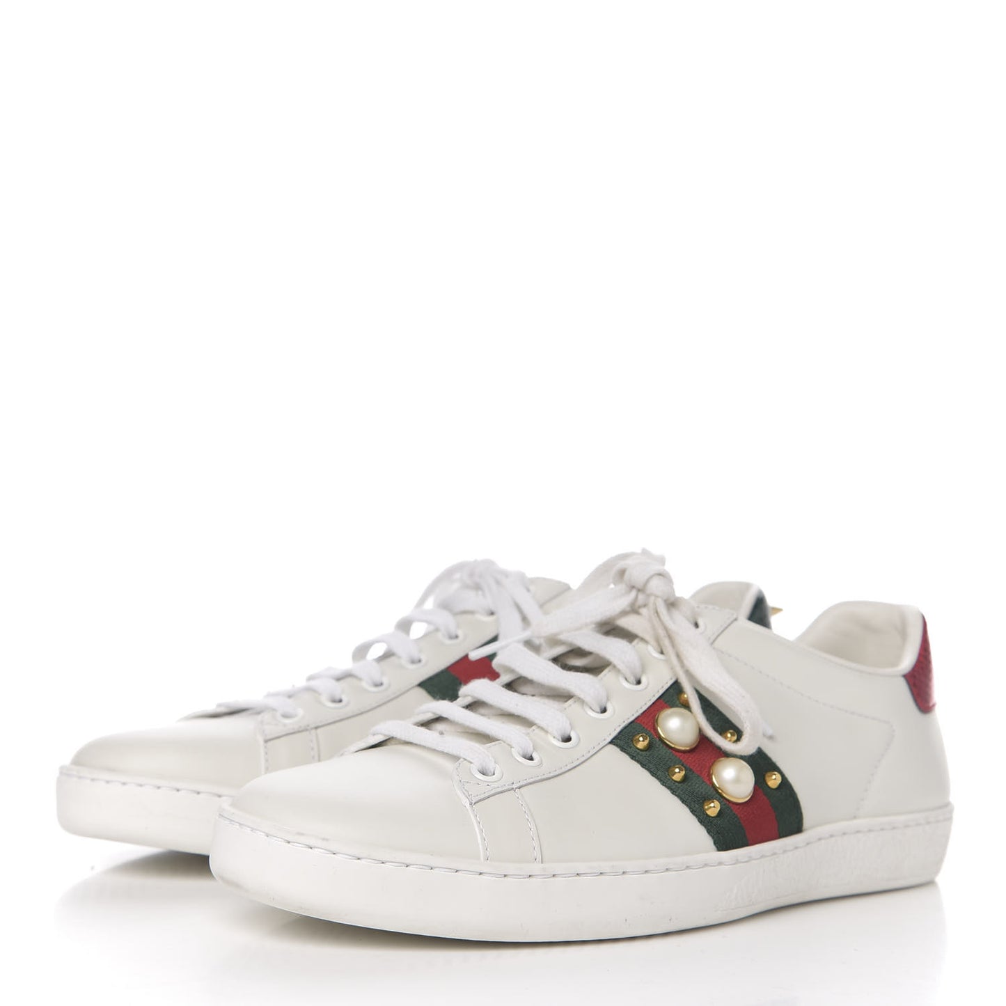 Calfskin Web Pearl Studded Womens Ace Sneakers 39.5 White