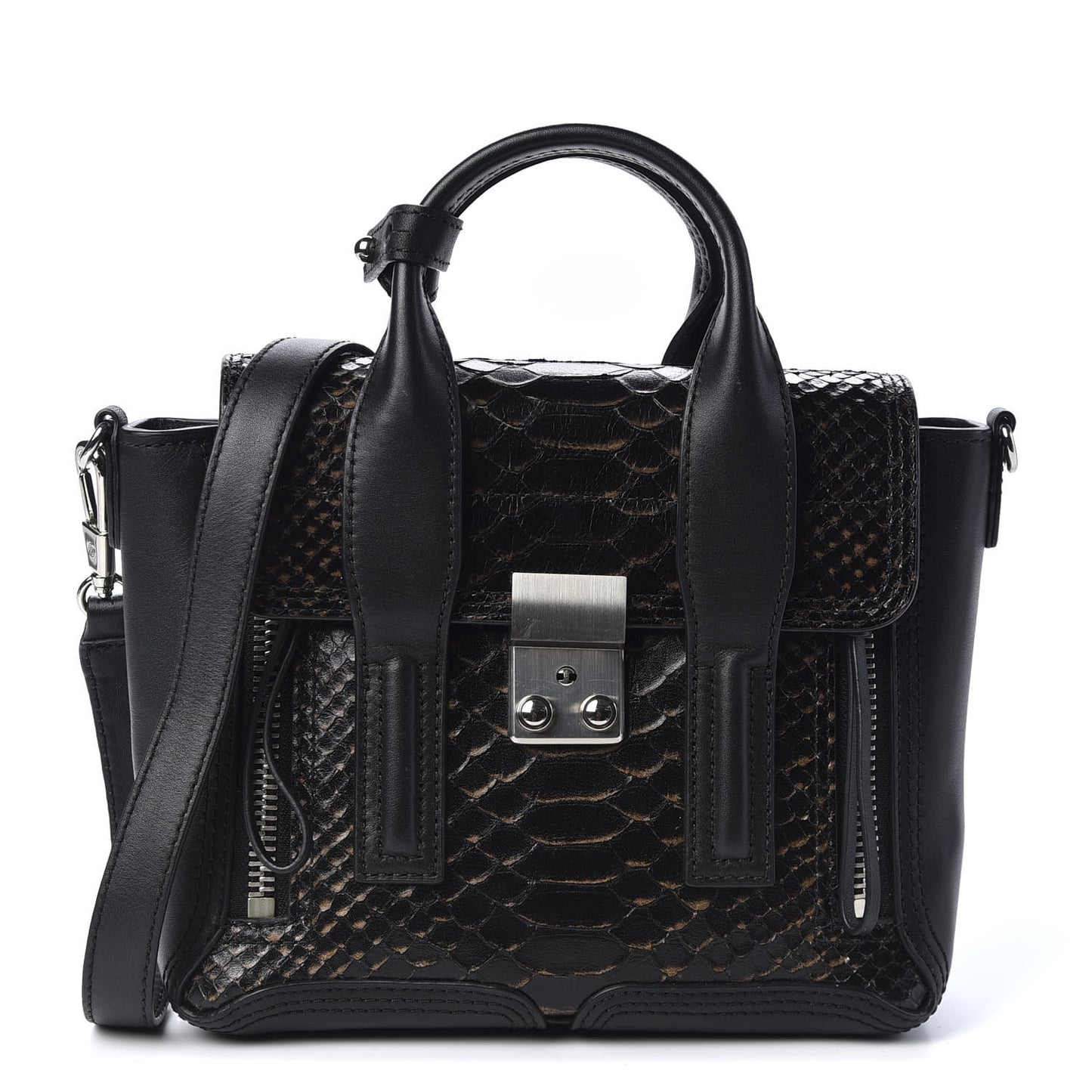 3.1 Python Calfskin Embossed Mini Pashli Satchel Black Nude