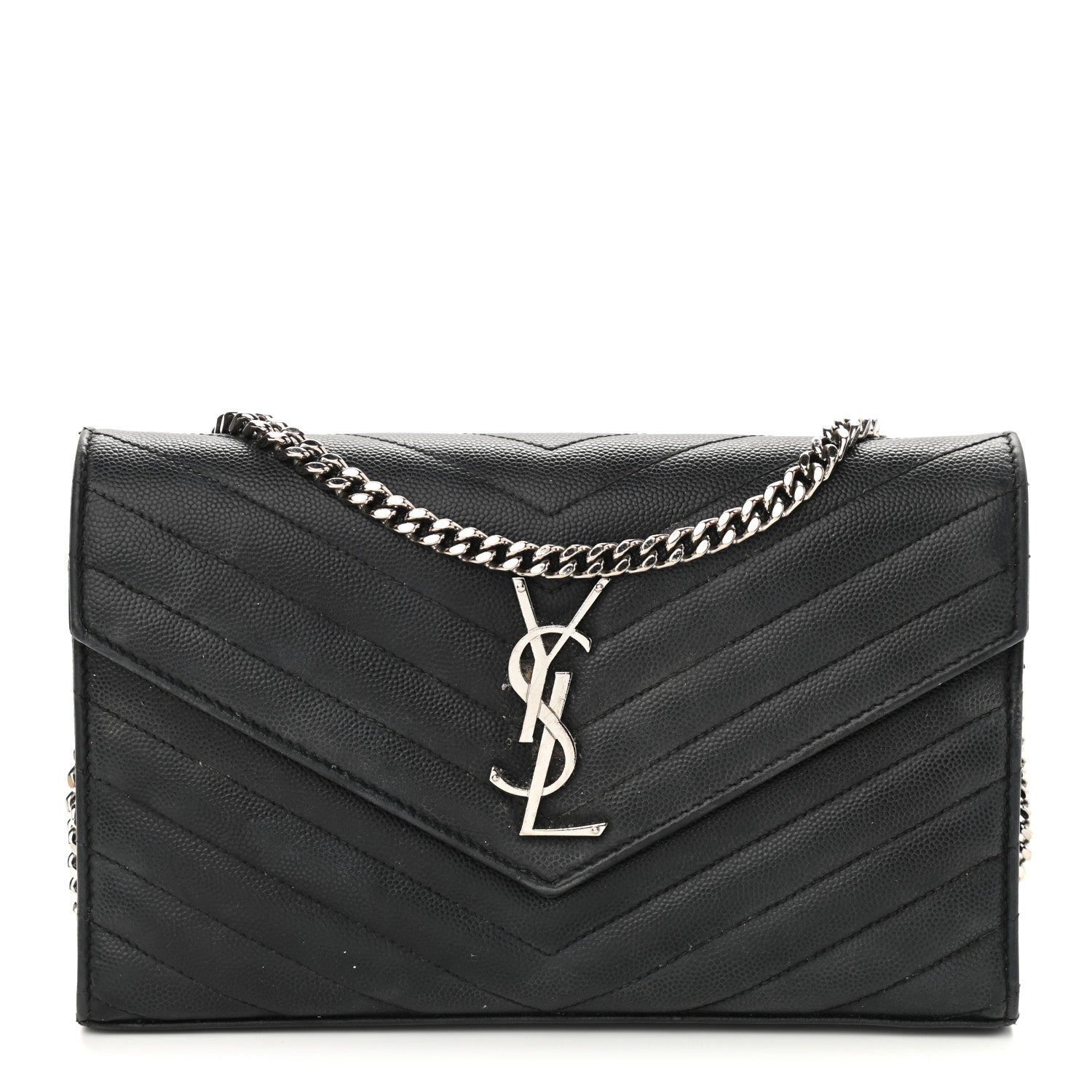 Saint Laurent Grain De Poudre Matelasse Chevron Monogram Chain Wallet Black 1 of 13