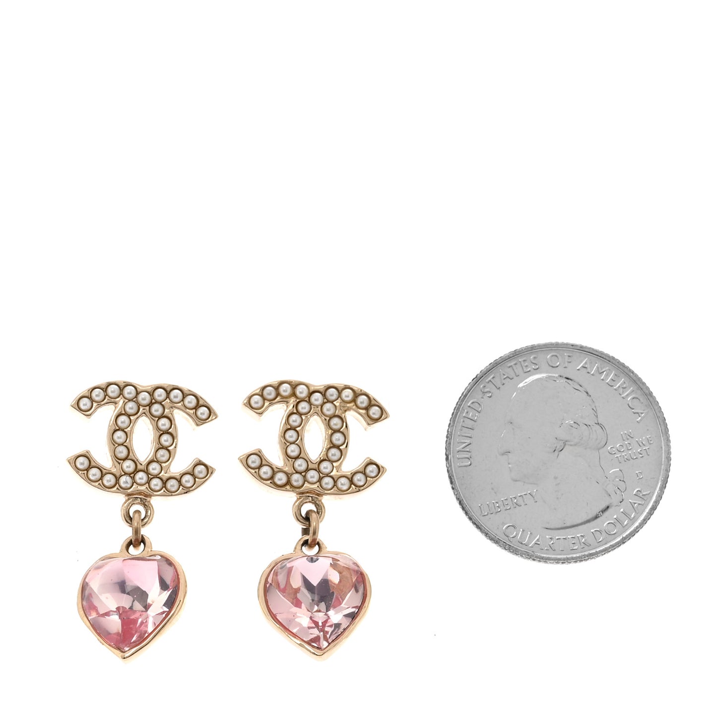 Crystal Pearl Heart CC Drop Earrings Pink Gold