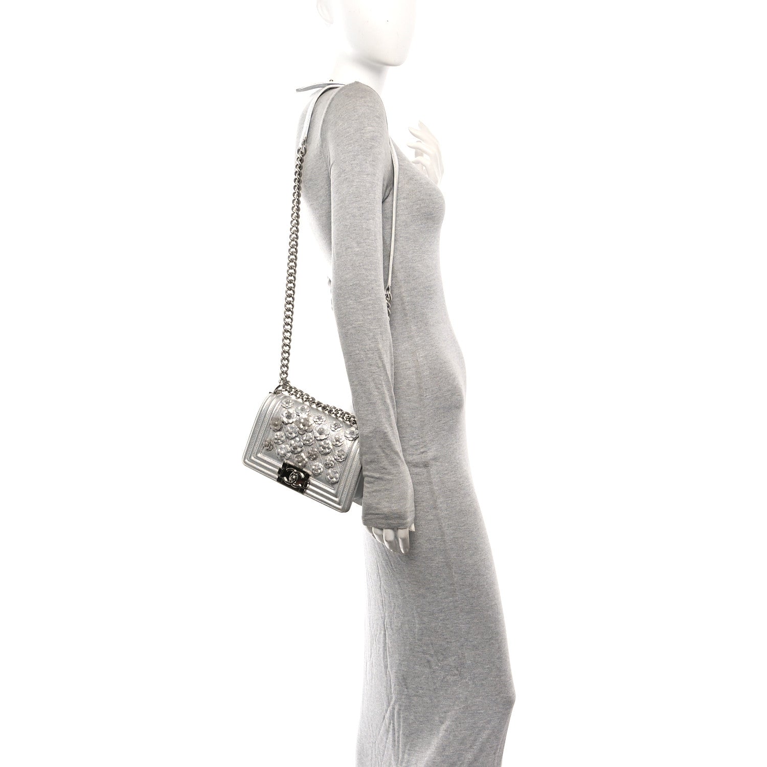 Chanel Metallic Calfskin Camellia Quilted Small Boy Flap Silver 2 of 10