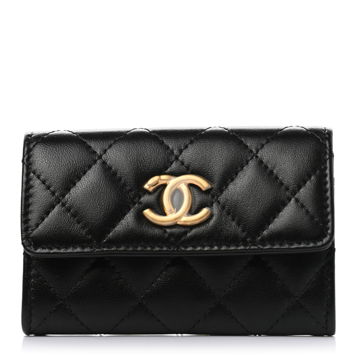 Lambskin Quilted Flap Card Holder Wallet Black