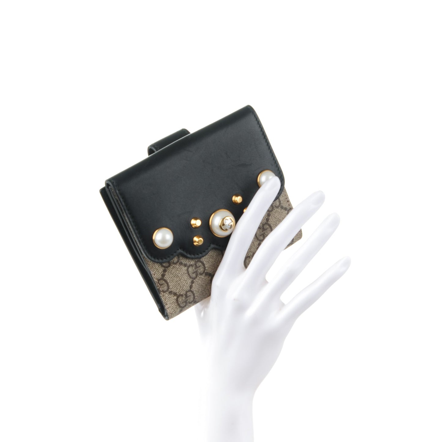GG Supreme Monogram Pearl Studded French Wallet Black