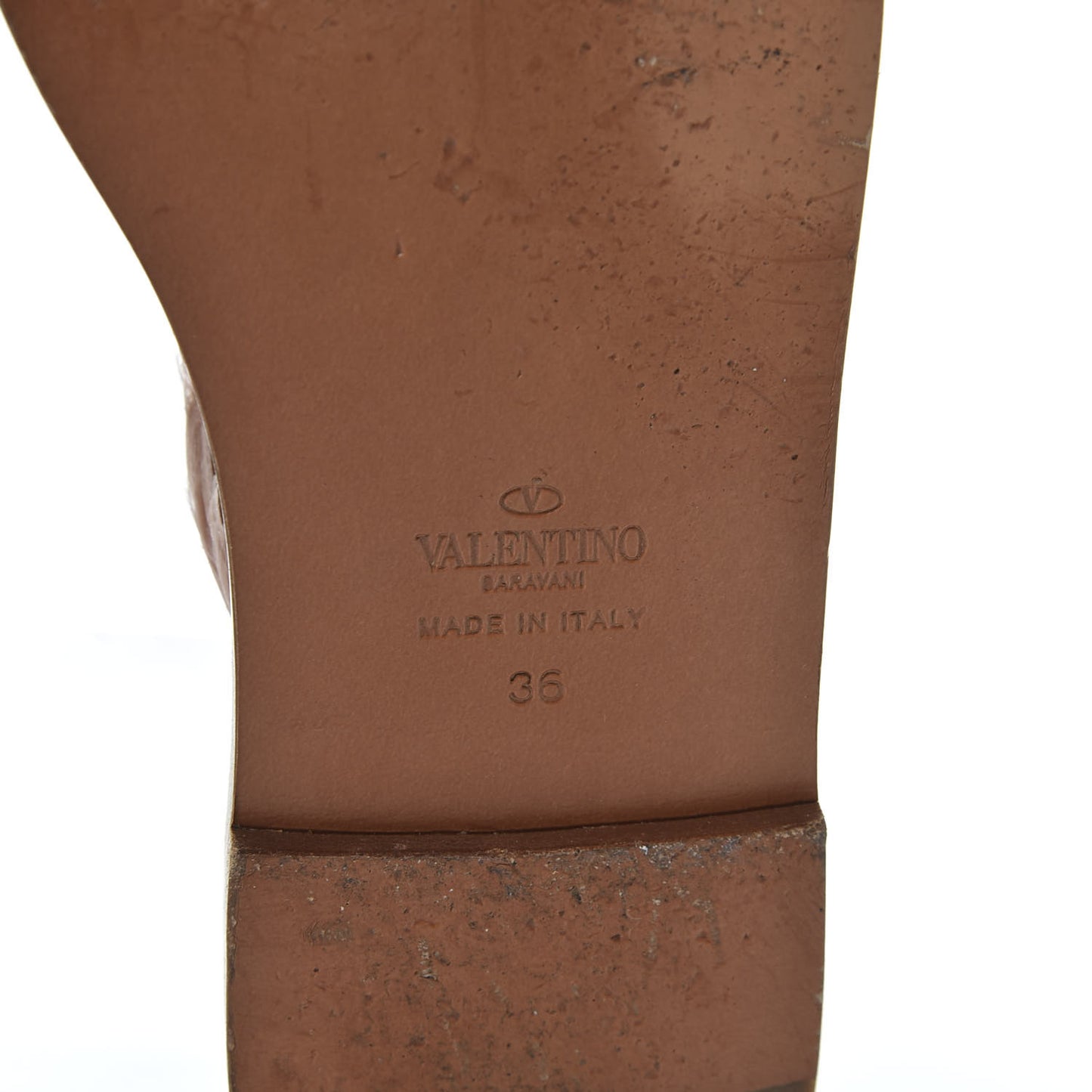 Calfskin Feather Rockstud Ankle Strap Flat Sandals 36 Tan Pink