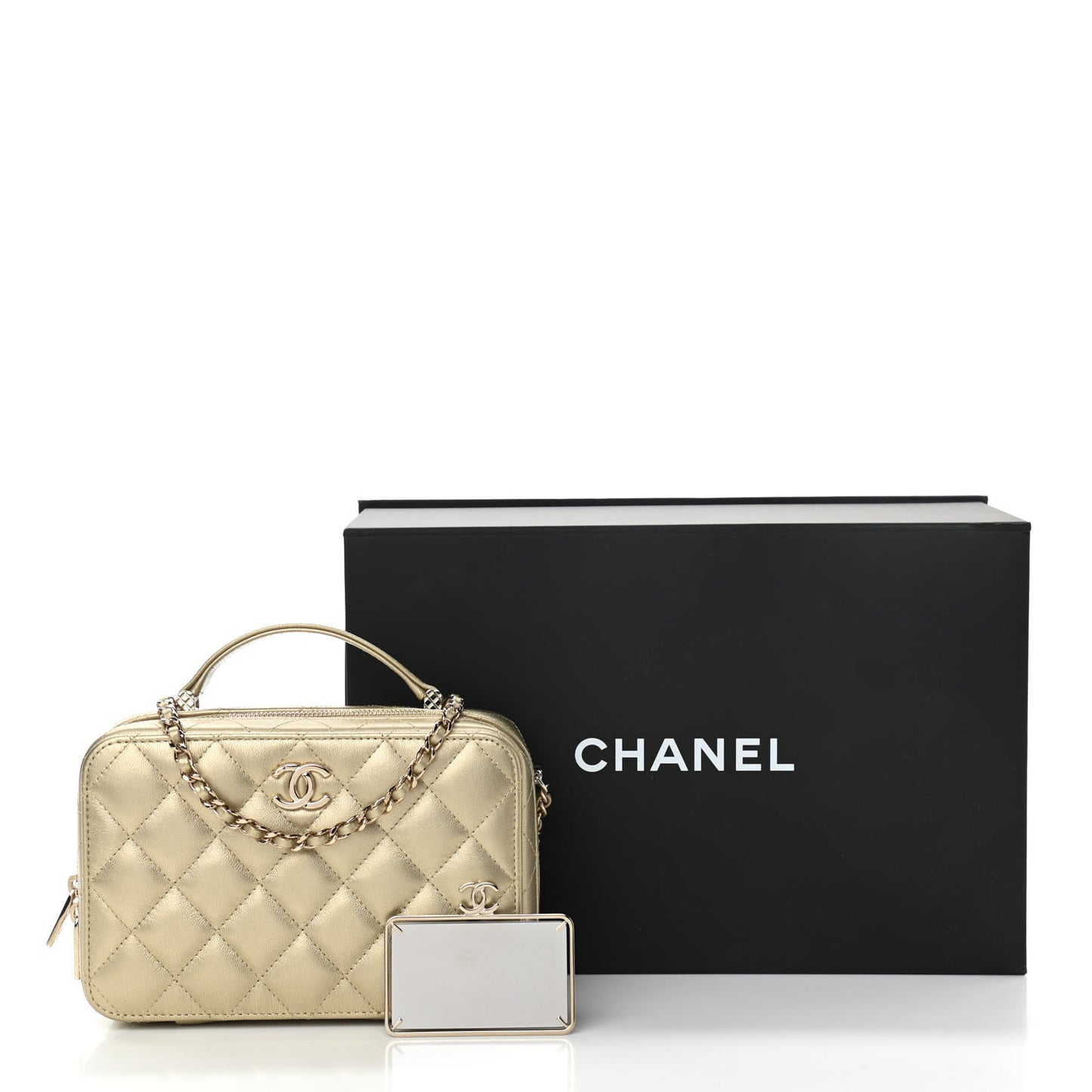 Metallic Lambskin Quilted Top Handle Vanity Case Gold
