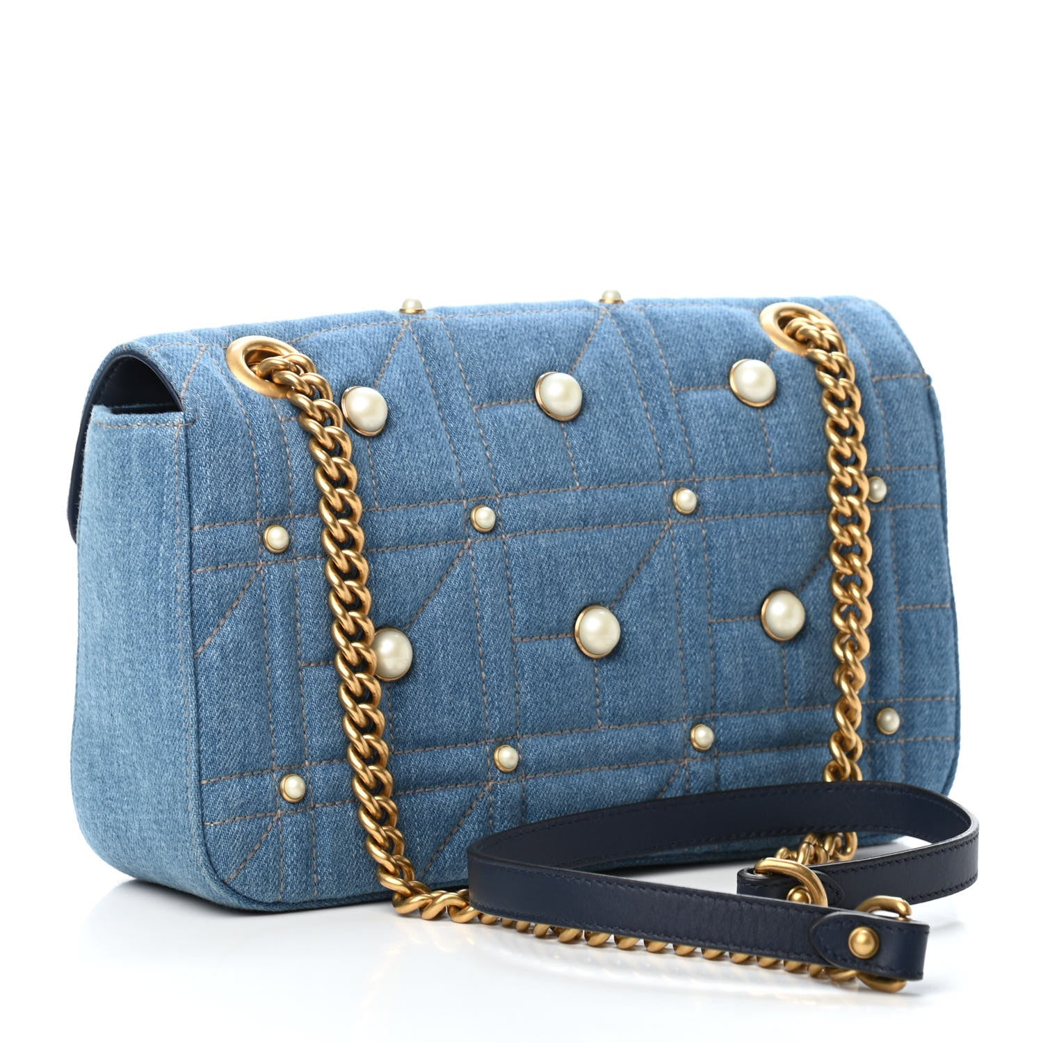 Gucci Denim Matelasse Pearl Studded Small GG Marmont Shoulder Bag Blue 2 of 4