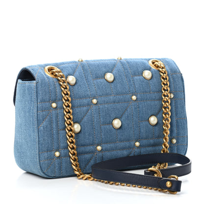 Gucci Denim Matelasse Pearl Studded Small GG Marmont Shoulder Bag Blue 2 of 4