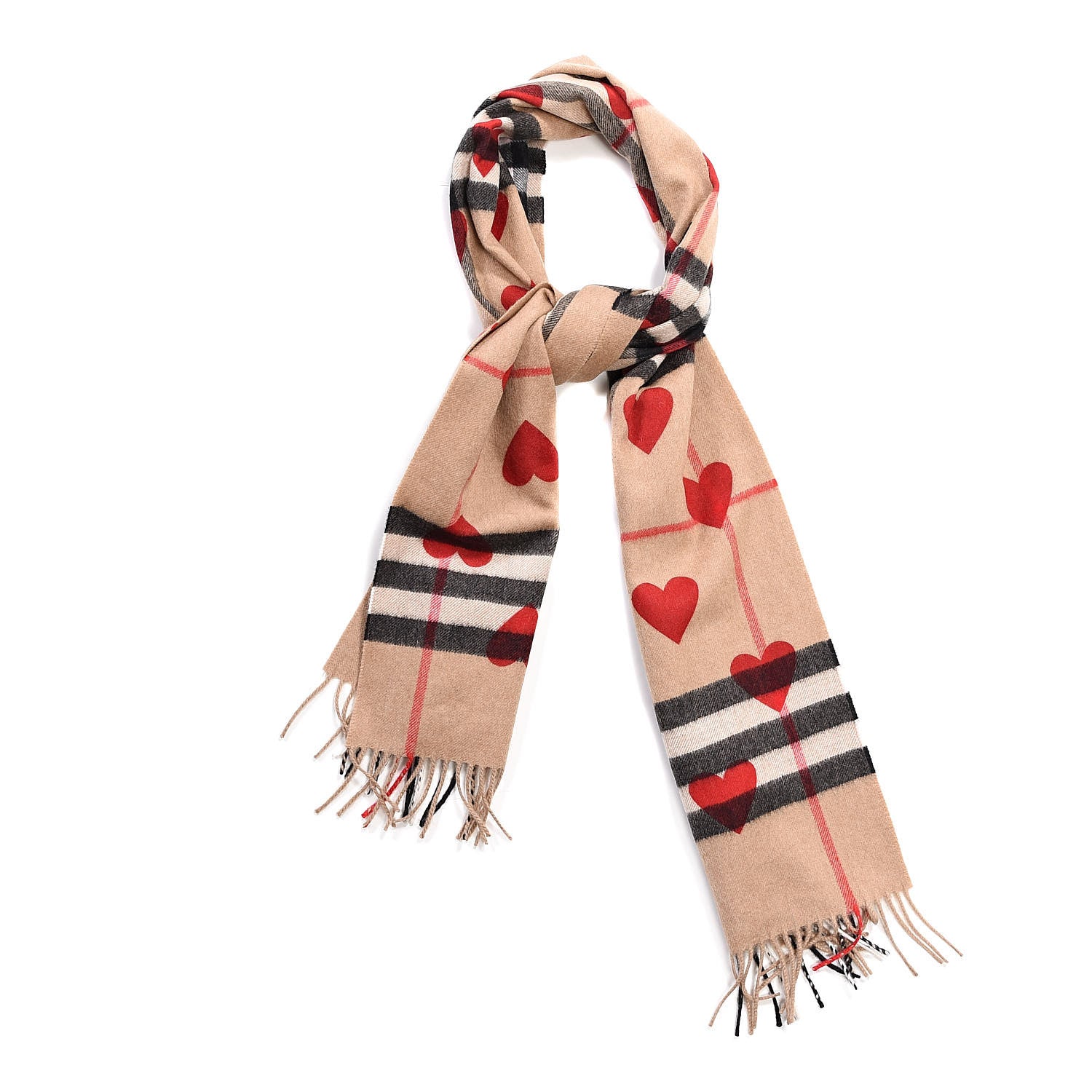 Burberry Cashmere Giant Heart Fringe Scarf Camel 1 of 5