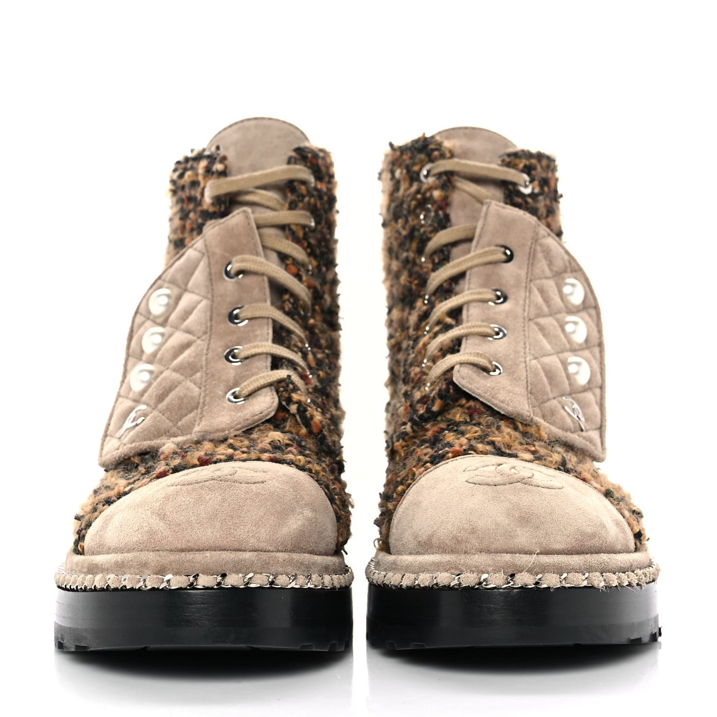 Tweed Suede Pearl Combat Short Boots 38.5