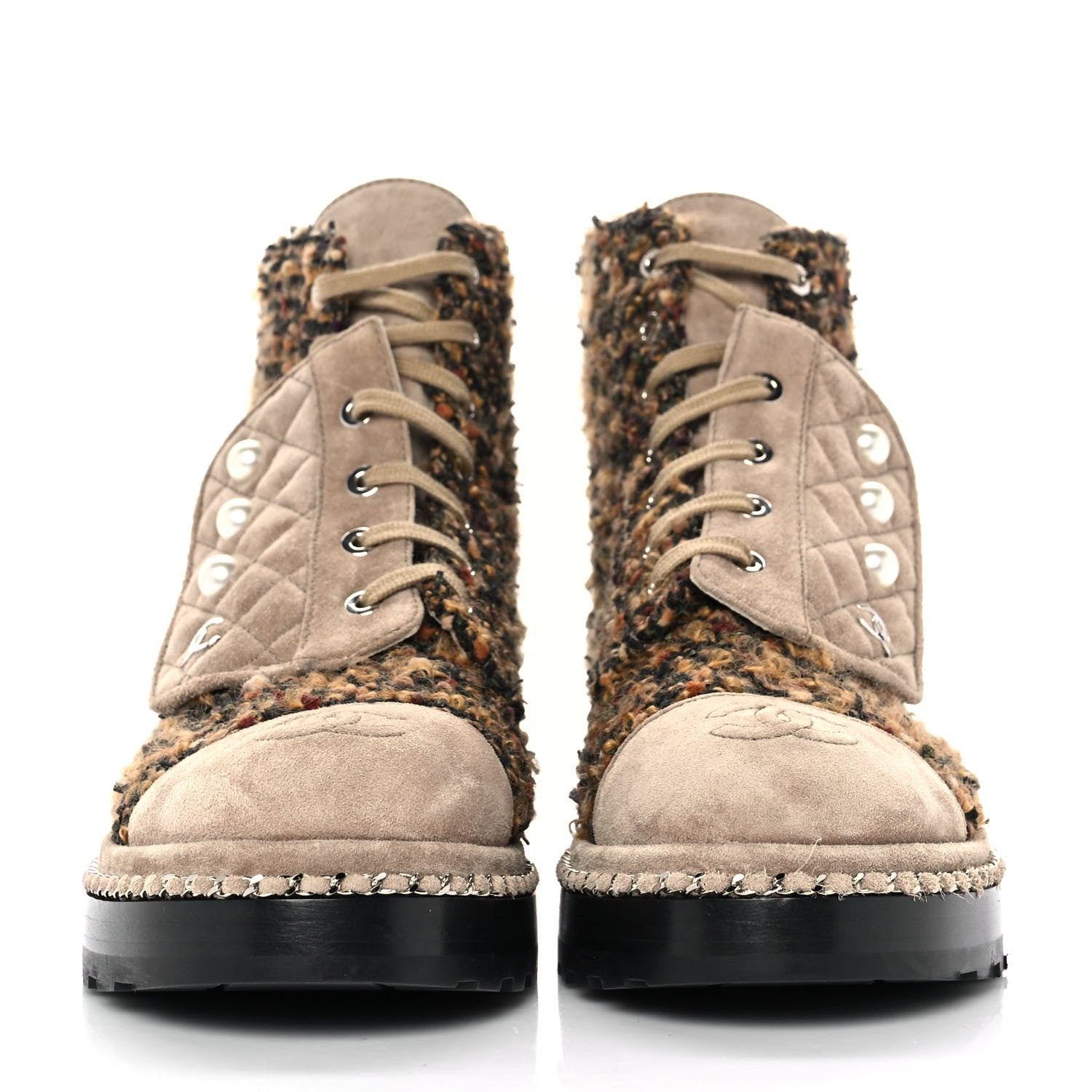 Chanel Tweed Suede Pearl Combat Short Boots 38.5 2 of 7