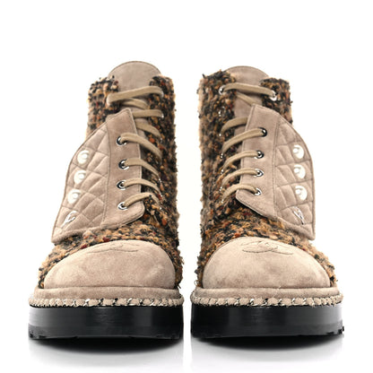 Chanel Tweed Suede Pearl Combat Short Boots 38.5 2 of 7