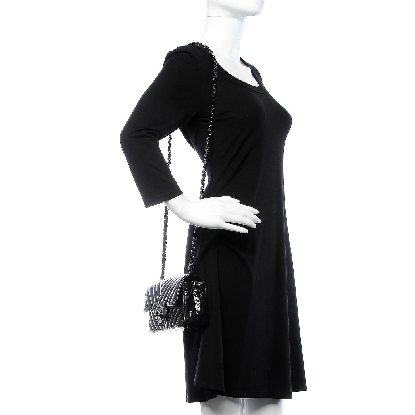 Patent Metallic Crumpled Calfskin Chevron Quilted Mini Rectangular Flap So Black