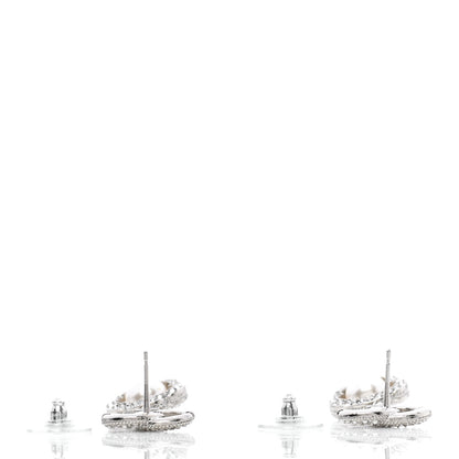 Chanel Crystal Pearl Camellia CC Coco Flapper Drop Earrings Silver 3 of 5
