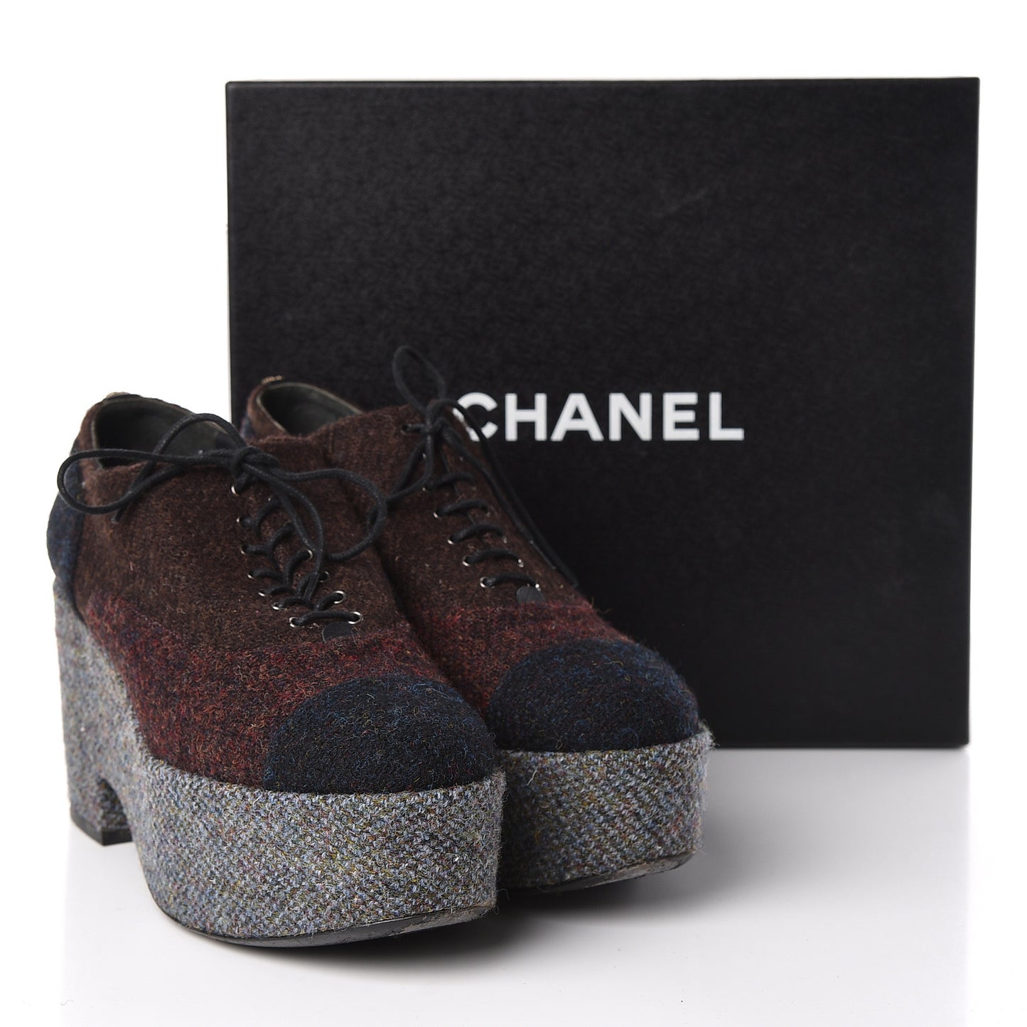 Tweed Lace Up Platform Oxford 40.5 Burgundy Navy Grey