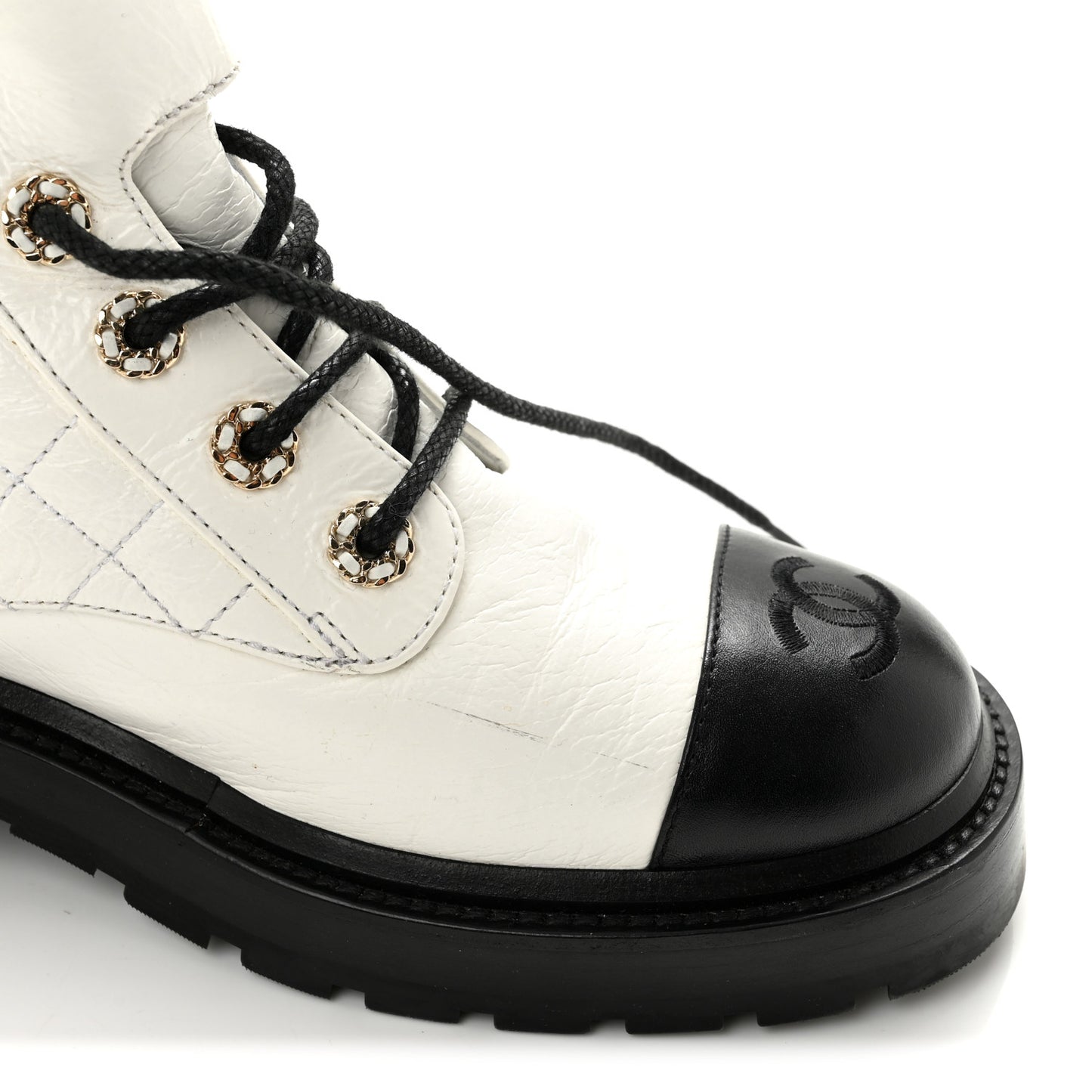 Shiny Goatskin Calfskin Quilted Lace Up Combat Boots 39 White Black