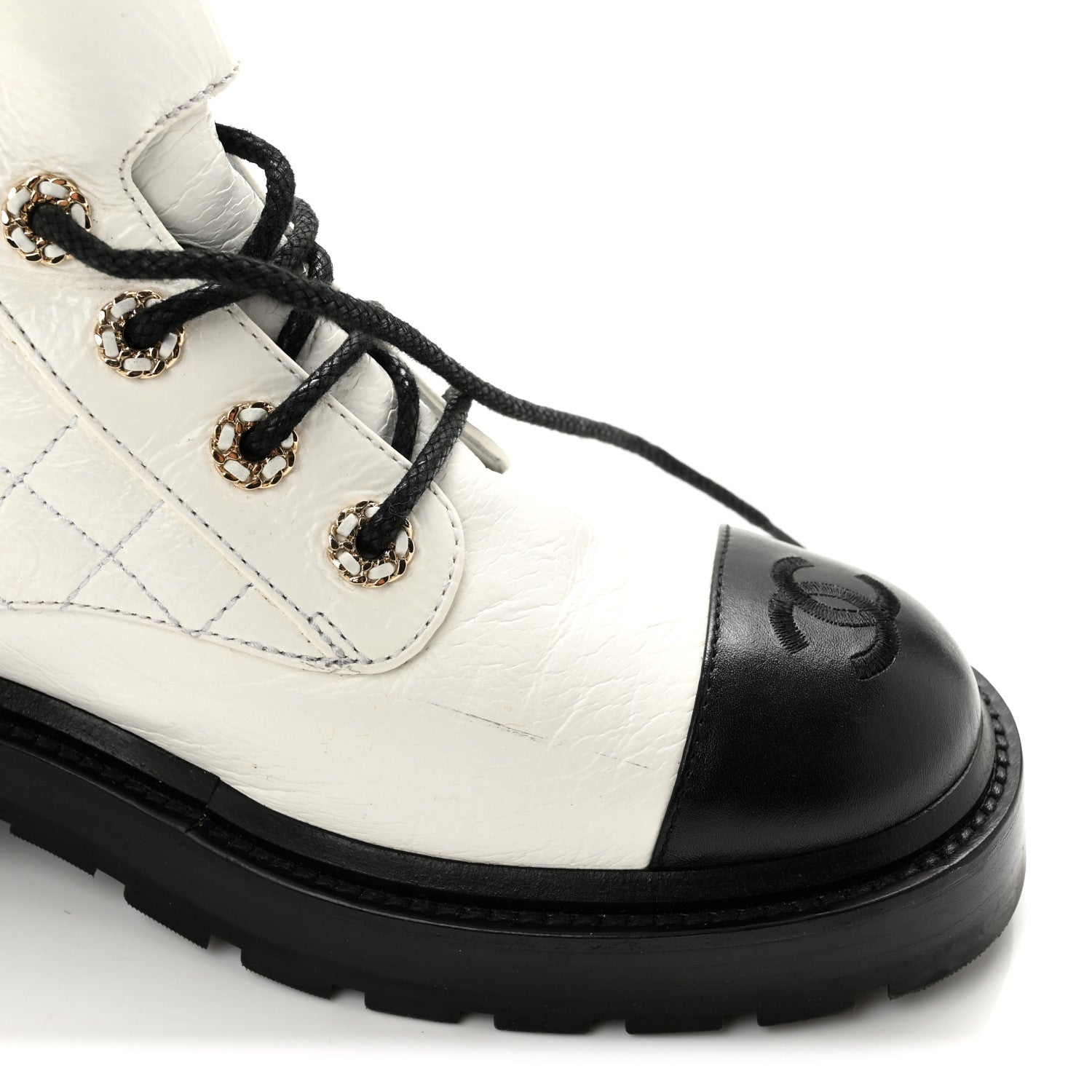 Chanel Shiny Goatskin Calfskin Quilted Lace Up Combat Boots 39 White Black 11 of 11