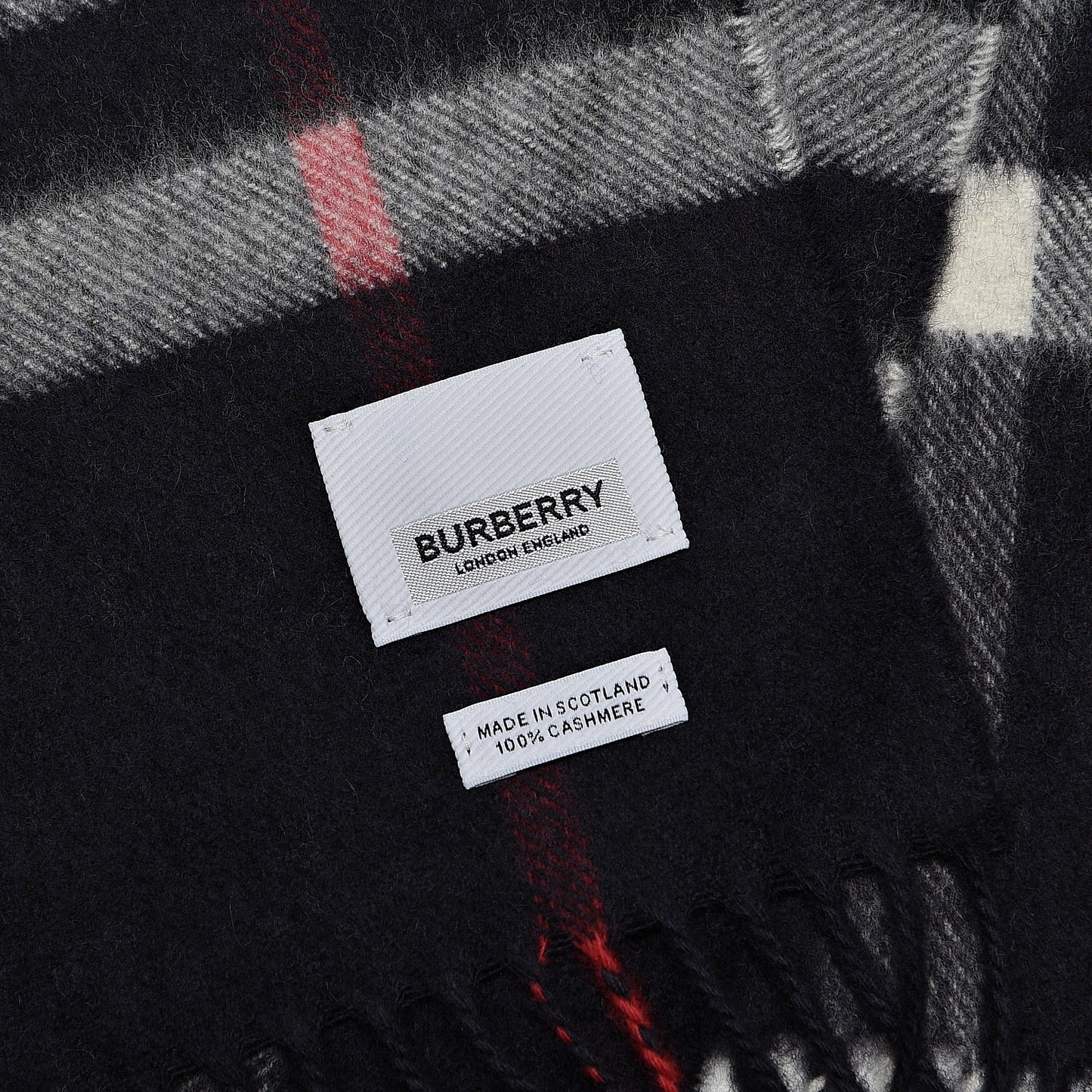 Cashmere Giant Check Fringe Scarf Navy