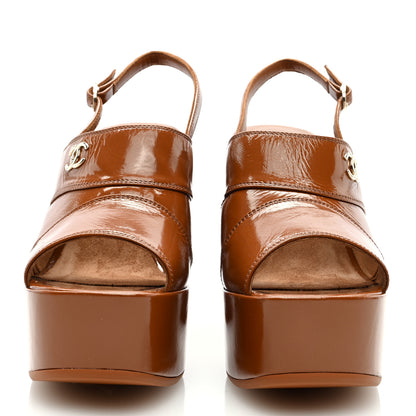 Chanel Crumpled Patent Lambskin Platform Sandals 39 Light Brown 3 of 7