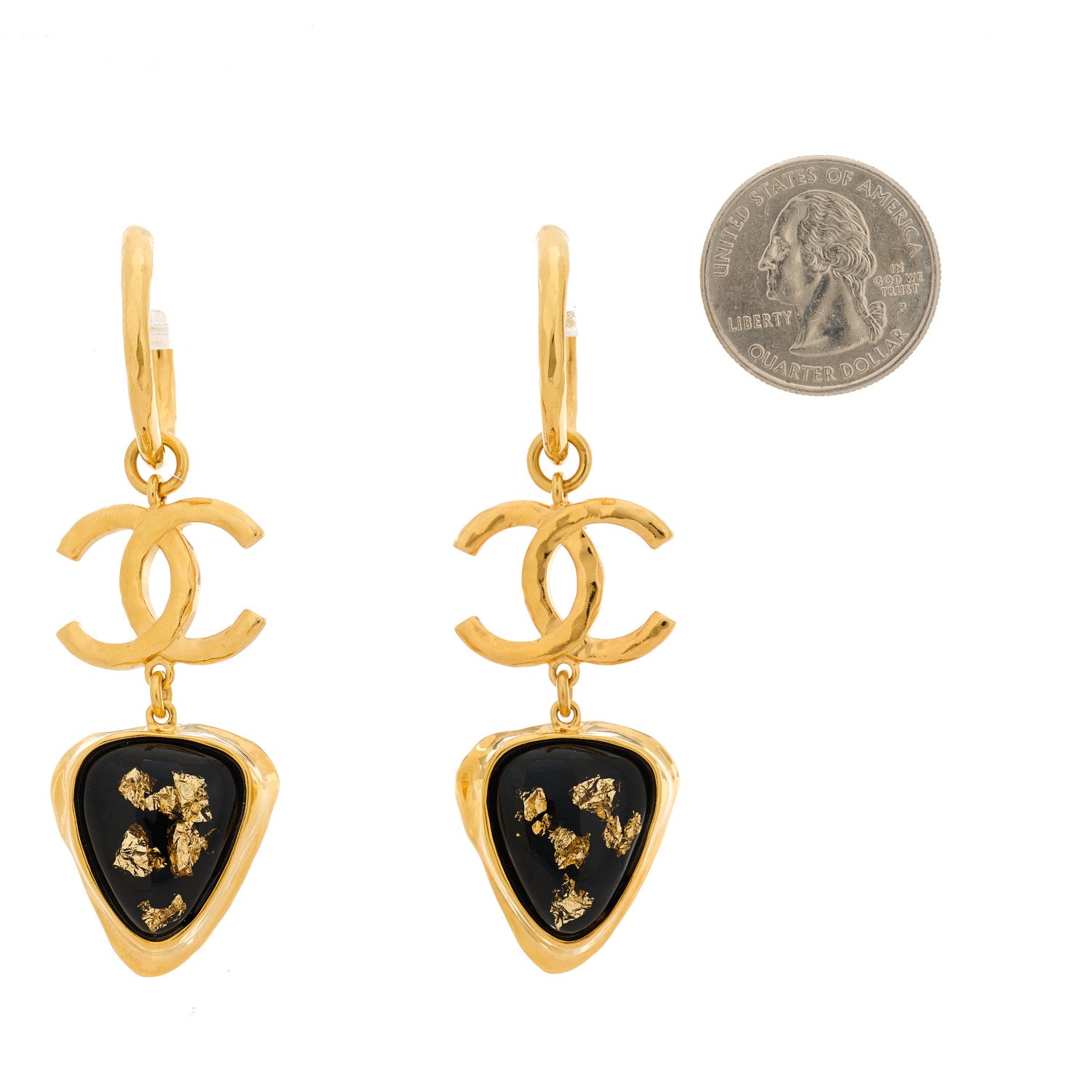 Chanel Resin CC Hoop Drop Earrings Gold Black 2 of 5